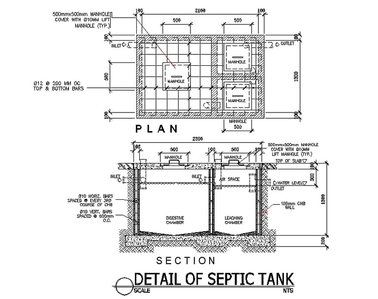 Technical drawing showing septic tank plan and section views with dimensions, compartments, inlet, outlet, and underground construction details.